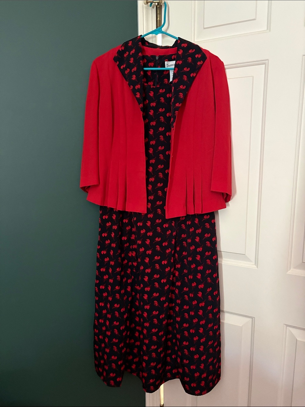 Danny & Nicole Black Midi Dress with Red Cherry Print and Red Jacket